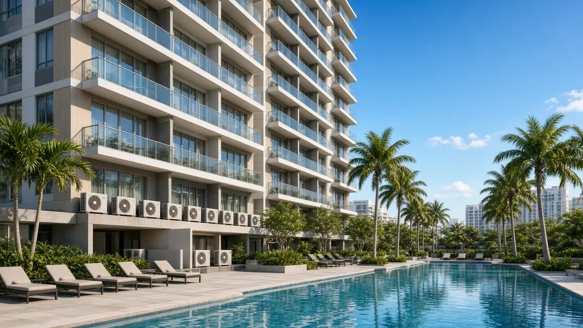 Illustration: condominium tower and pool deck with aircon condensers on the service ledge