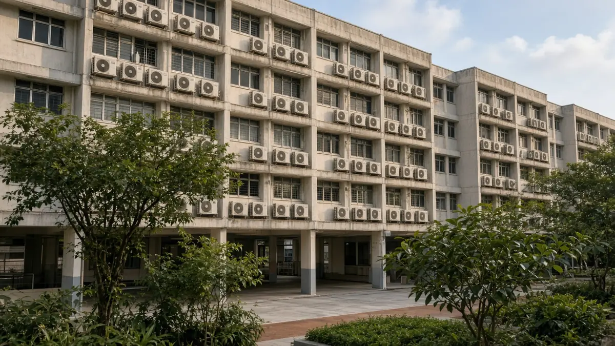 Illustration: HDB blocks with outdoor aircon units on the ledges