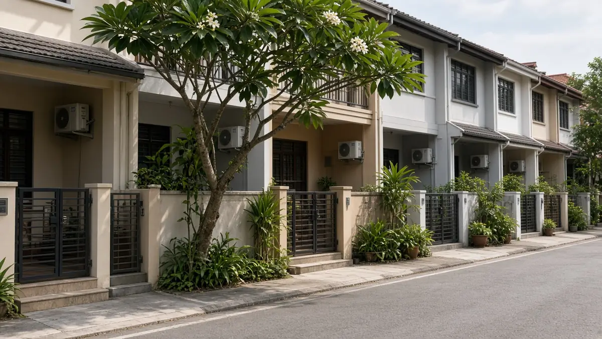 Illustration: row of landed terrace houses with aircon units on the side walls