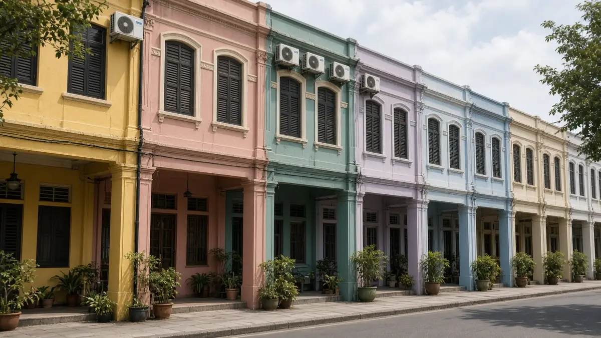 Illustration: row of restored shophouses with aircon units on the upper floors