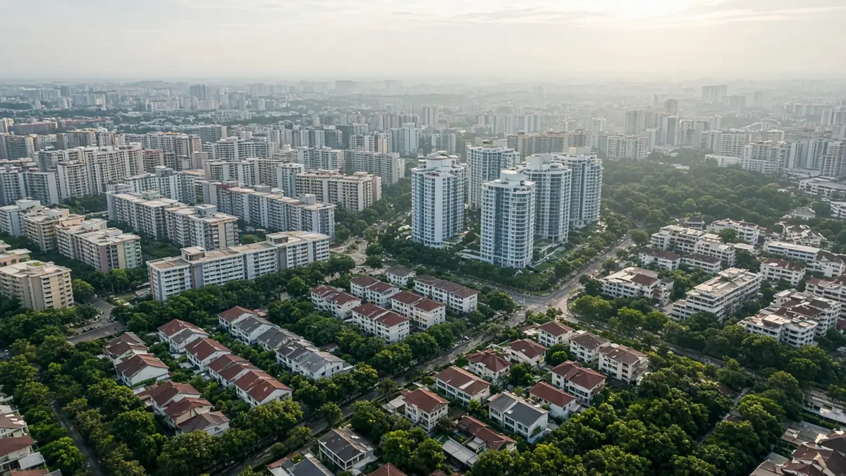 Illustration: aerial view of a Singapore residential town with HDB blocks, condos and landed houses