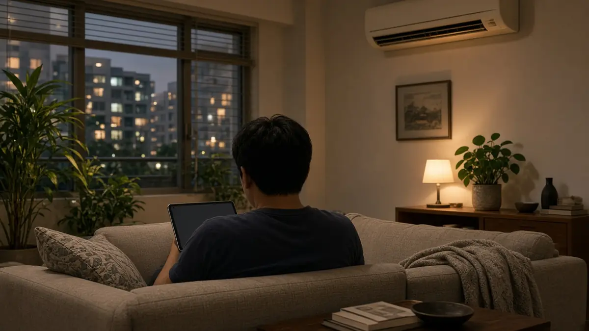 Illustration: HDB living room in the evening with the aircon running