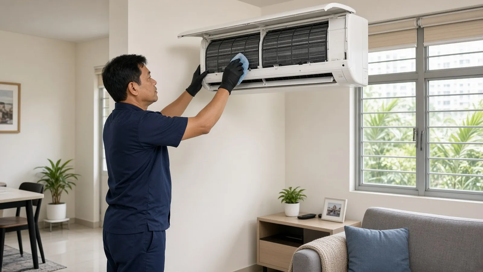 Illustration of a technician cleaning a wall-mounted air conditioner in a Singapore flat