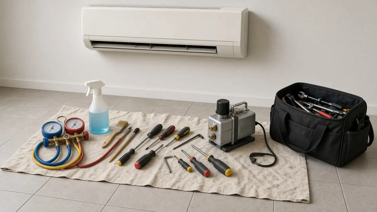 Illustration: aircon technician tools laid out on a drop cloth under a wall-mounted unit