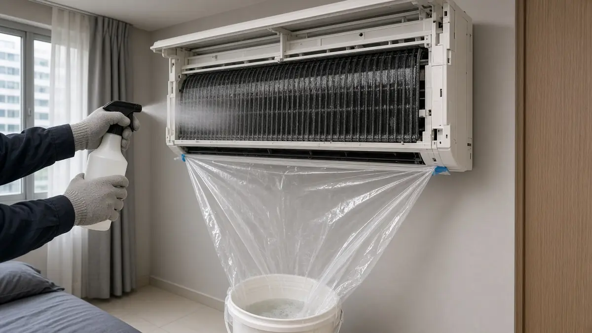 Illustration: technician spraying coil cleaner into an opened wall-mounted aircon with a service bag fitted underneath
