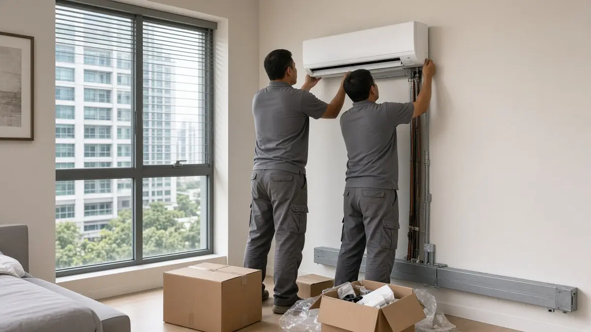 Illustration: two installers mounting a new wall-mounted aircon in a condo bedroom